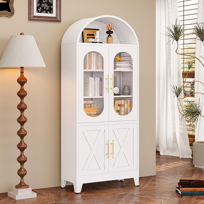 Armoire de cuisine de 73 po de hauteur avec arche en métal, armoires de rangement de style campagne moderne avec portes et tablettes réglables, bibliothèque / présentoir / armoire polyvalente avec espace de rangement ouvert pour bureau - blanc