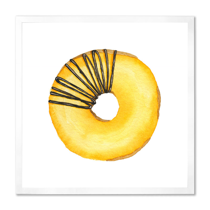 Donut jaune avec chocolat - peinture sur toile, H 31,5 po x l 31,5 po x P 1 po, Cadre blanc