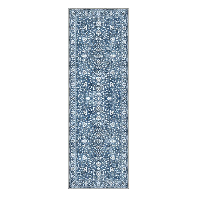 Zahara Oriental Floral Machine Washable Blue / White Indoor Area Rug with Non-Slip Backing, Blue, Runner 2' x 6'