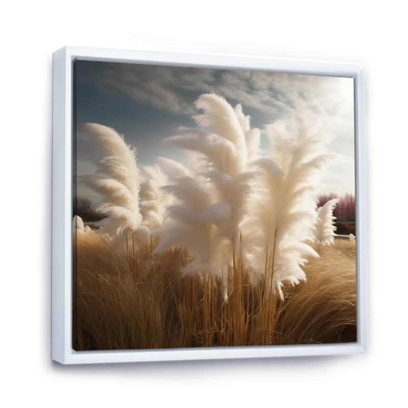 «White Pampas Meadows III», art mural floral, H 16 po x l 16 po x P 1 po, Cadre flottant blanc