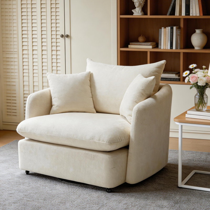 Fauteuil d'appoint pivotant crème Boucle, canapé simple surdimensionné confortable avec coussins pour les petits espaces