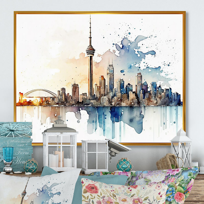 Toronto Skyline I - art mural Toronto, Toile avec cadre flottant or, H 16 po x l 32 po x P 1 po