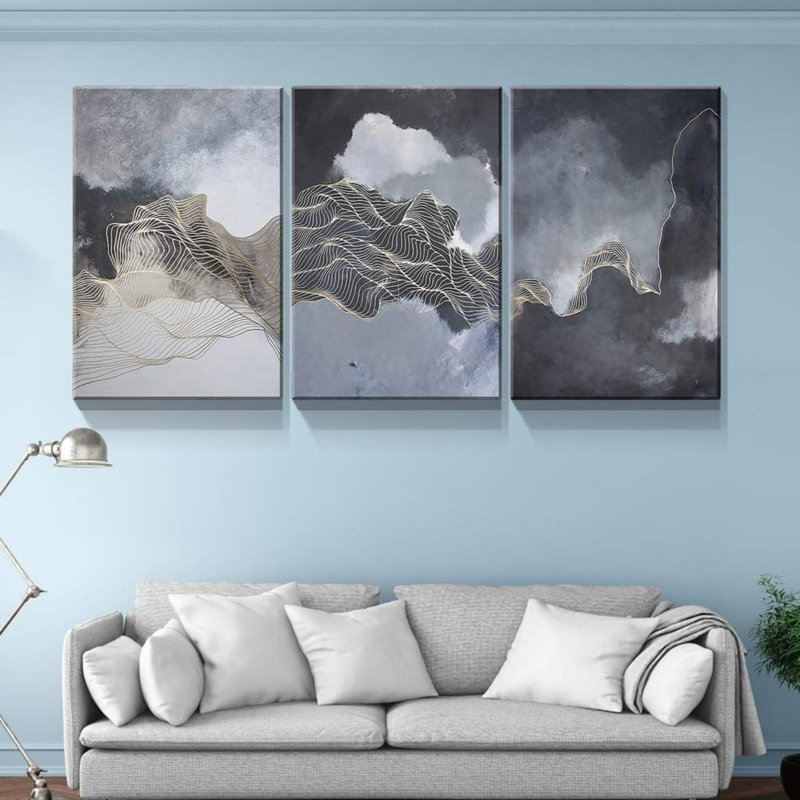 12 x 16 pouces, ligne abstraite, art sur toile, ensemble de 3 art mural pour étude privée