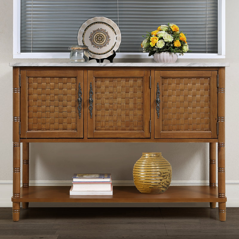 Entryway Table with artificial stone look tabletop 47'' Oak