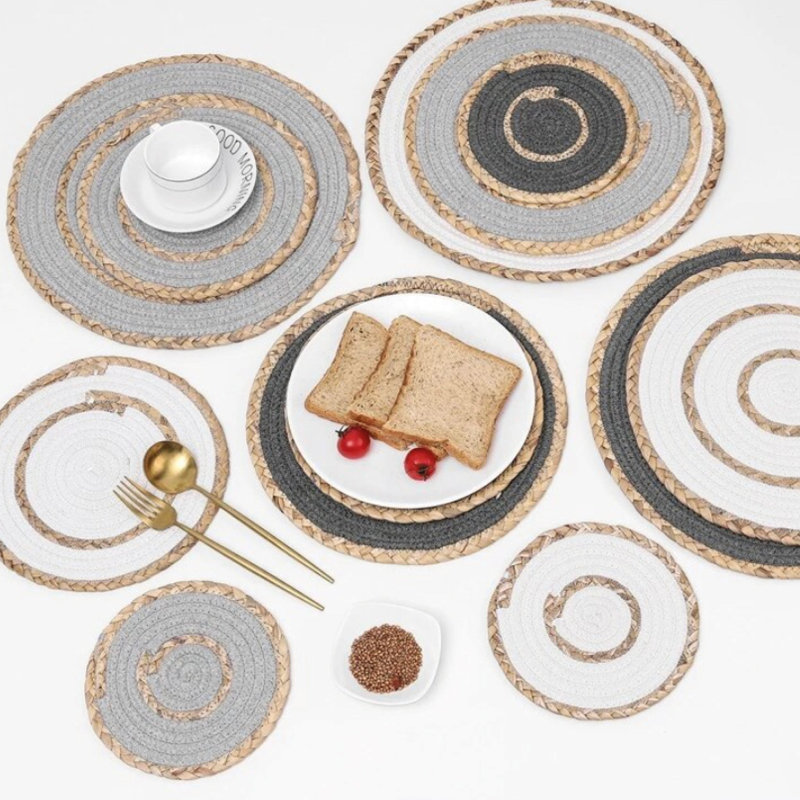 Handwoven Yellow and Gray Rattan Circular Placemats Set
