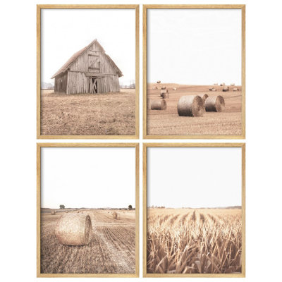 «Rustic Farmhouse sépia-toned Barn and Field Modern Artwork Minimalist Wall Decor», 4 pièces