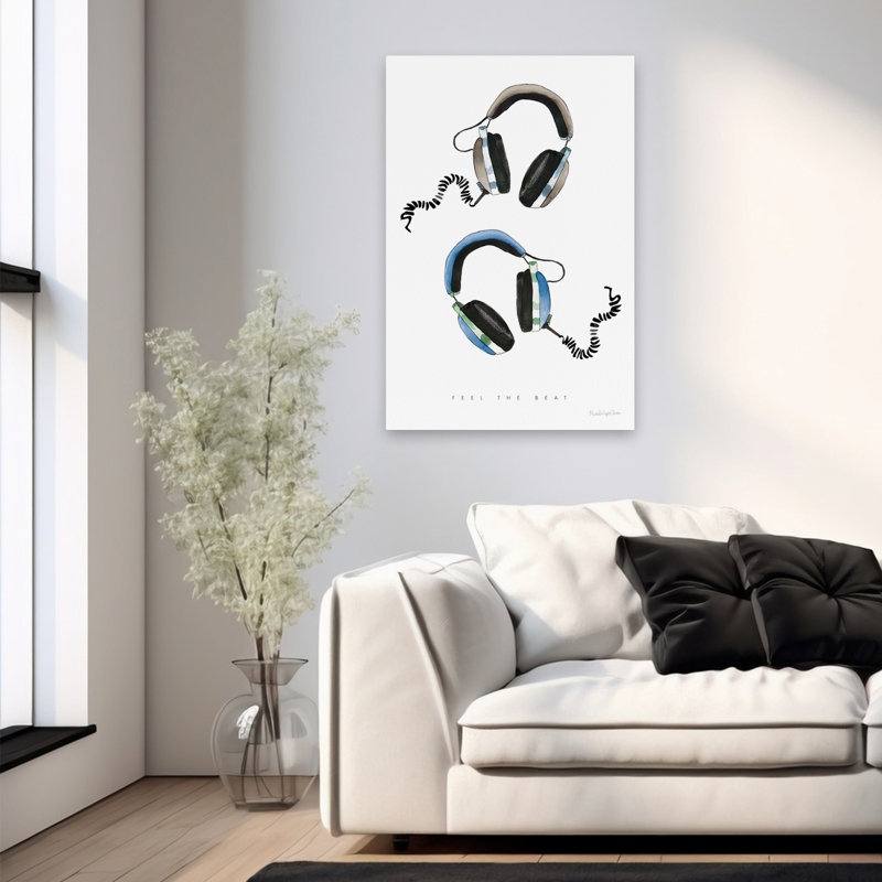 Casque audio bleu-gris - noir, bleu, brun, art des années 80, 36" H x 24" W
