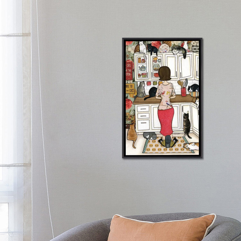 « Feed the Cats » par Jamie Morath-impression, Toile avec cadre noir patiné, Pas de tapis, H 26 po x l 18 po x 1,5 po