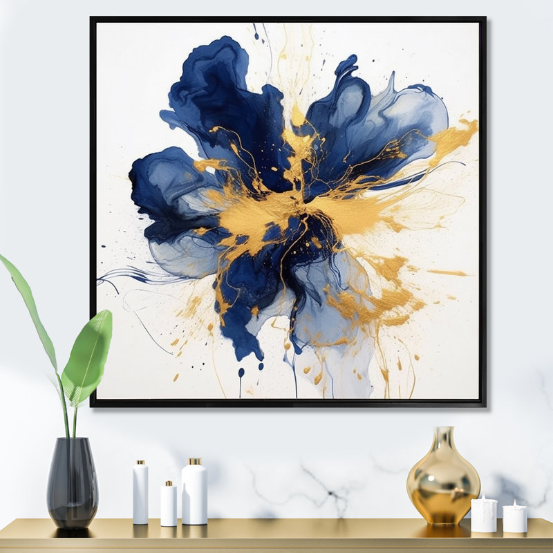 «Dark Blue and Gold Strokes I», art mural sur toile Fractals, Cadre flottant noir, H 24 po x l 24 po x P 1 po