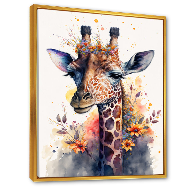 «Cute Giraffe Floral Art I», peinture sur toile, H 20 po x l 12 po x P 1 po, Toile avec cadre flottant or