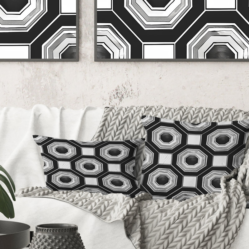 Coussin noir et blanc Hexagon IV - Mid-Century