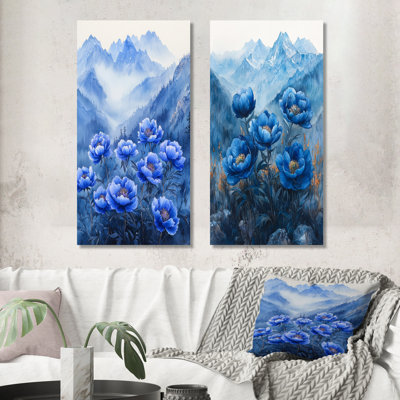 Pivoines bleues sur des sommets I - décoration murale en toile florale 2 panneaux