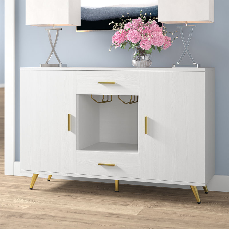Tioga 47.2"W Wood Storage Sideboard with 2-Dawers & 2-Doors &Wine Glasses Hanging Rack, White