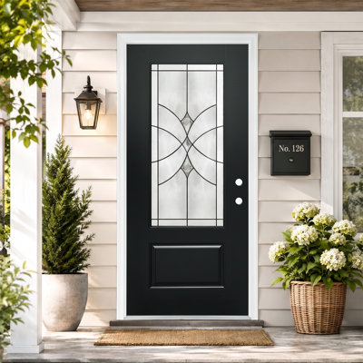 Dalle de porte d'entrée en fibre de verre 36 po x 80 po Jude, finition noire brossée, verre décoratif vertical Triplex 22 po x 48 po