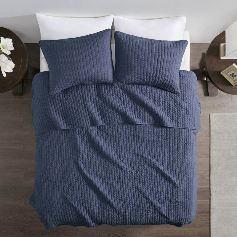 Courtepointe bleu marine 3 pièces pour lit double / grand lit - Microfibre avec rembourrage en coton, réversible, améliore la propreté et l'hygiène de la literie Microfibre, rembourrage, améliore la longévité