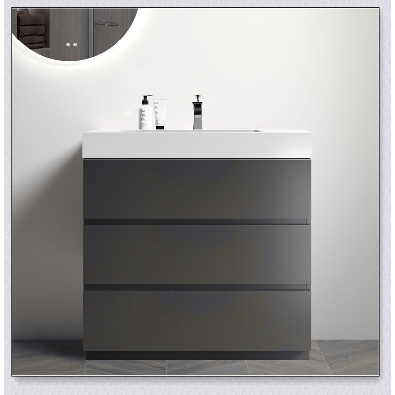 Meuble-lavabo autoportant avec grand lavabo et rangement, Gris, Blanc, 36"