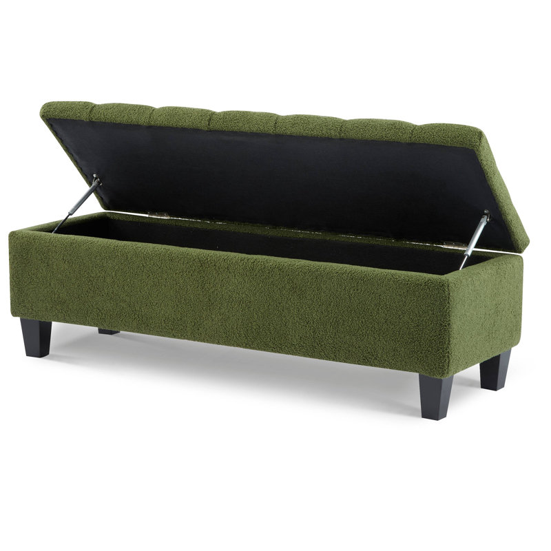 Ottoman Bench With Storage, Boucle Surface, Rubber Wood Legs, 300 Lbs Capacity, Green