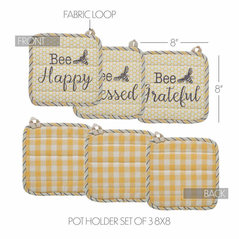 VHC Brands Buzzy Bees Geometric 100% Cotton Pot Holder Set