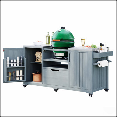 66.5 Inch Solid Wood Outdoor Kitchen Island With Stainless Steel Top, Drawer, And Compatibility For Large Big Green Egg And Kamado Joe Grills