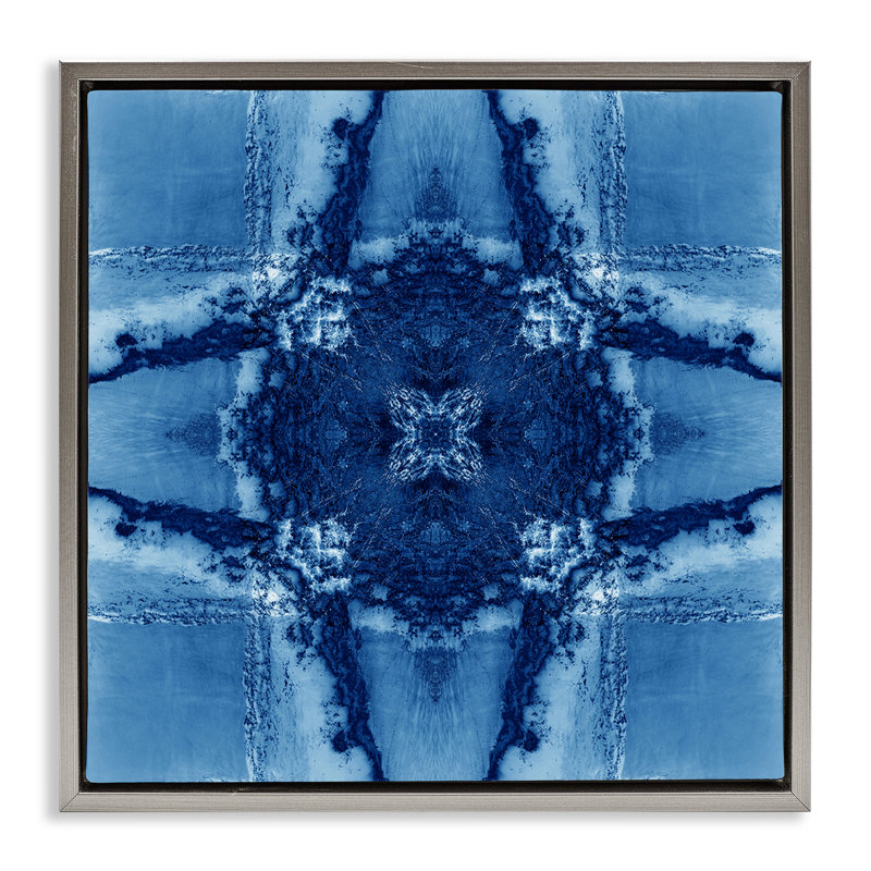 Cadre flottant bleu à formes géométriques par El Perkin, Cadre flottant gris lustré, H 25 po x l 25 po