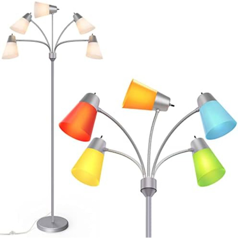 LED Floor Lamp, Medusa Multi-Head Modern Tall Standing Lamps, Adjustable Corner Reading Floor Light For Living Room, Bedroom, Kid Room, Classroom, Colored Lampshades, Silver Grey