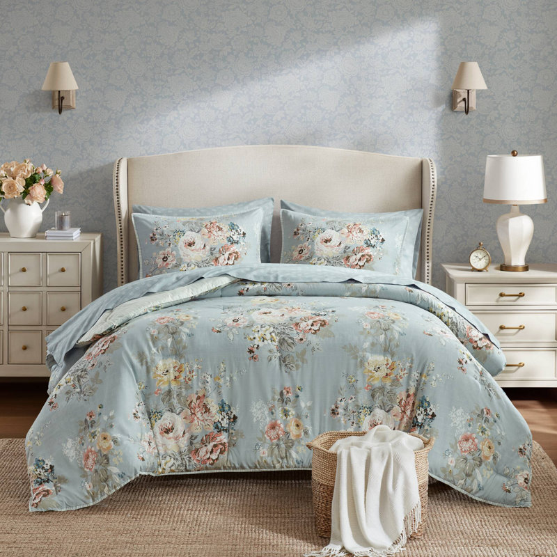 Heather 7 Piece Vintage-Inspired Collection Floral Print Comforter, Soft Blue, King Comforter + 6 Additional Pieces
