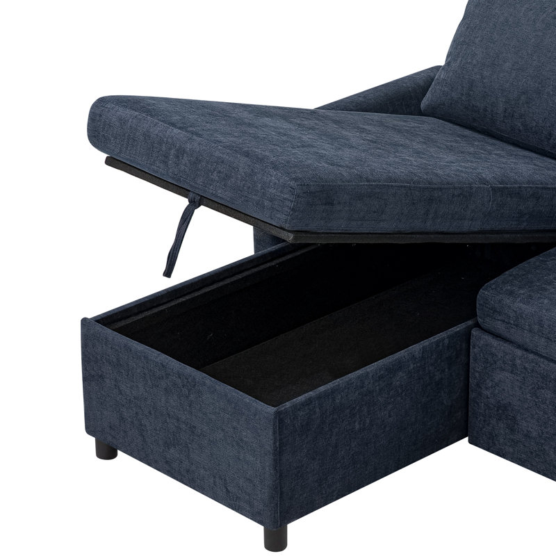 83" Chenille Pull Out Sofa Bed With Storage Chaise, Thicker And Soft Sleeper Sofa With Armrst Pillows For Living Room