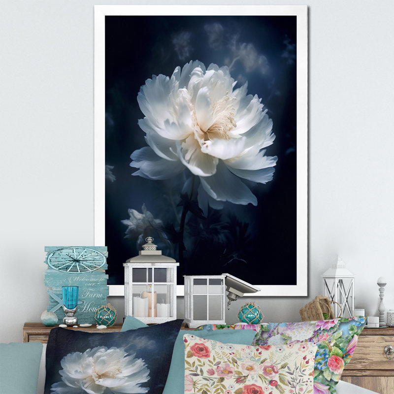 Pivoine blanche blanche sérénité sur toile, Cadre simple blanc, H 40 po x l 30 po x P 1,5 po