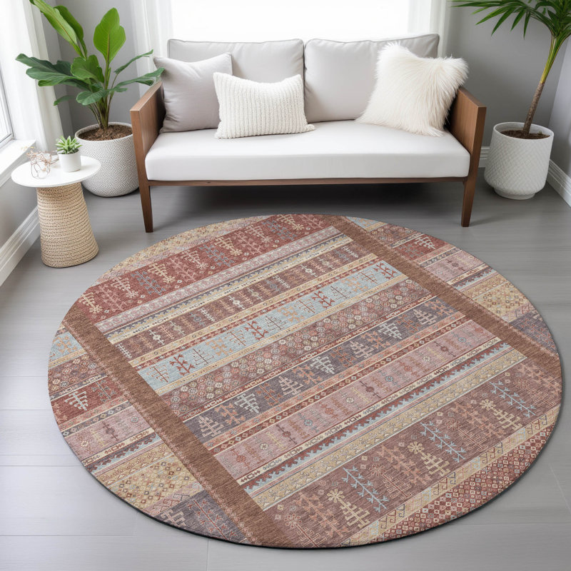 Machine Washable Indoor/Outdoor Meredith ACN2160 Striped Rug, Round 8'
