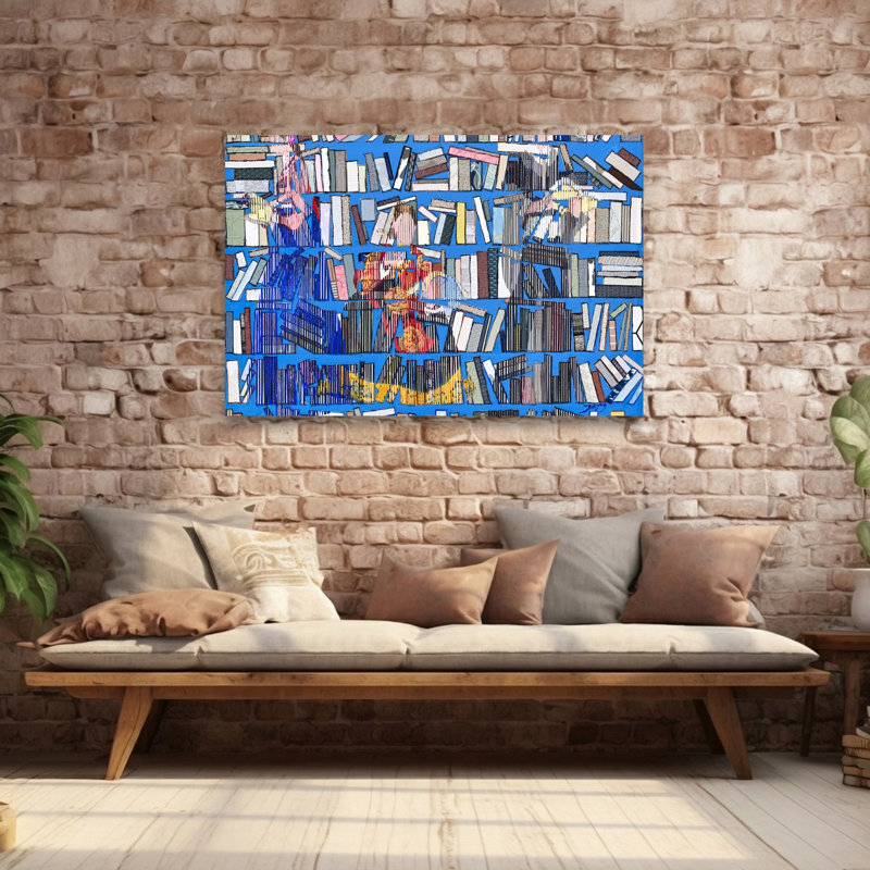 Étagère bleue éclectique, affiche murale abstraite et colorée à motif géométrique architectural, 40" H x 60" W