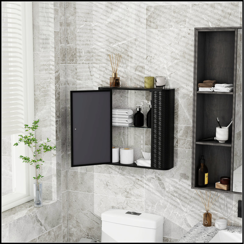 Armoire de salle de bain murale avec miroir, porte à cadre en métal, 2 tablettes, style campagnard moderne, rangement pour toilette ou coiffeuse