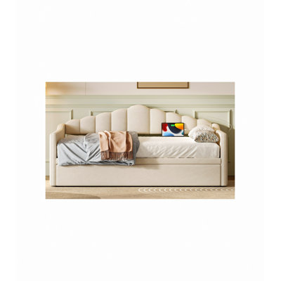 Daybed, Upholstered, With Adjustable Height Pop Up Trundle  Bed And USB & Type-C Charging Port, Day Bed Frame With 2 Side Pockets, No Box-Spring Needed