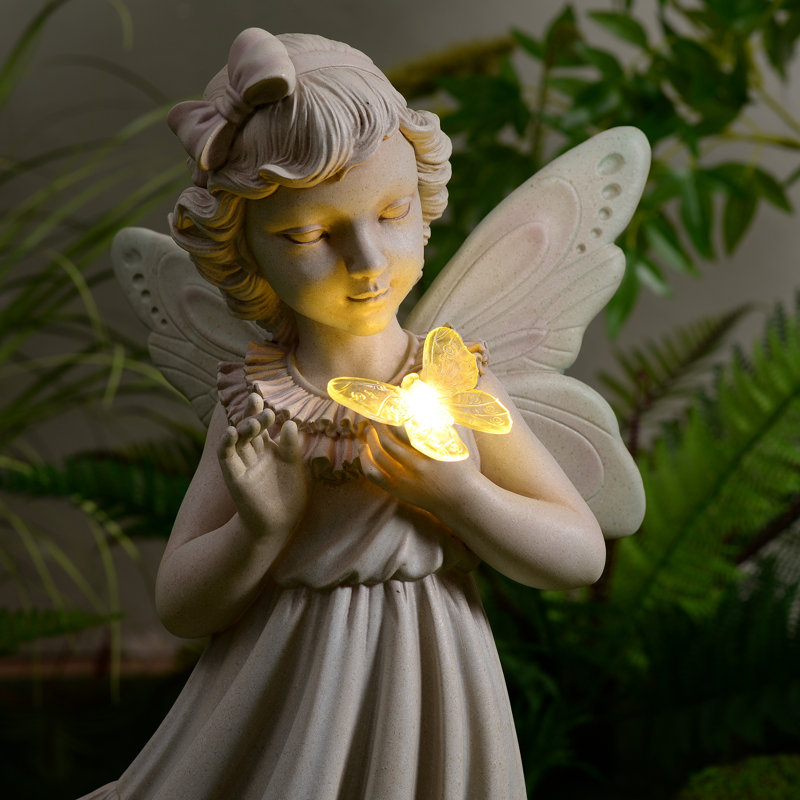 Girl Holding Butterfly Lighted Garden Statue Solar Powered LEDs