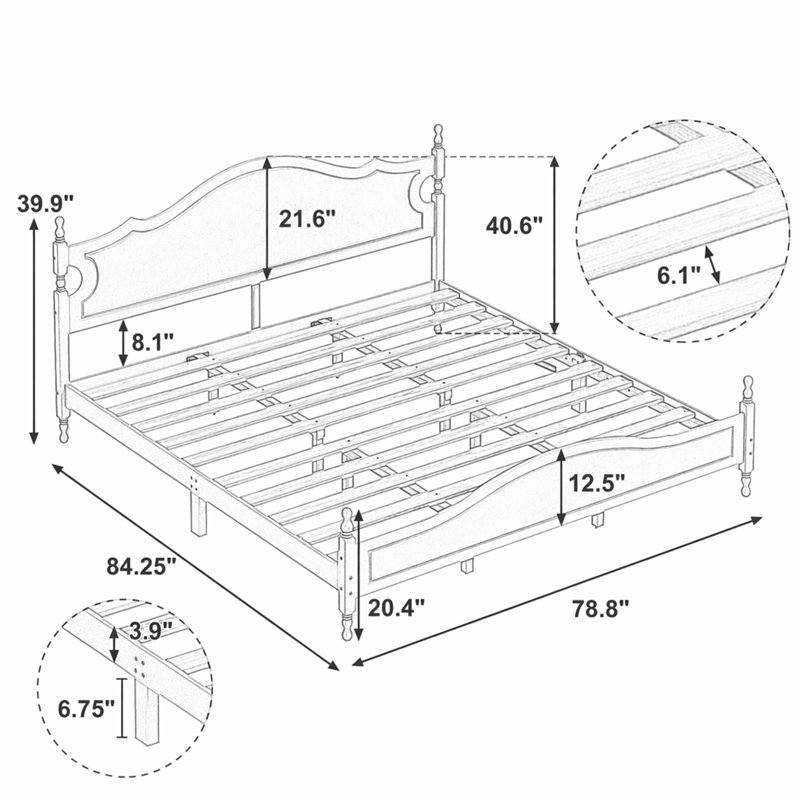 Structure de très grand lit avec tête de lit, lit plateforme en bois de style rétro avec support en lattes de bois, White