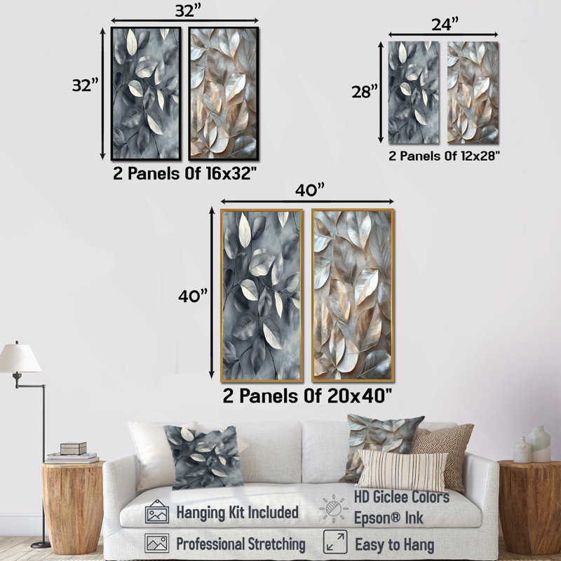 Cuivre, argent, feuilles d'étain I - art mural floral 2 panneaux, H 32 po x l 33 po, Cadre flottant brun