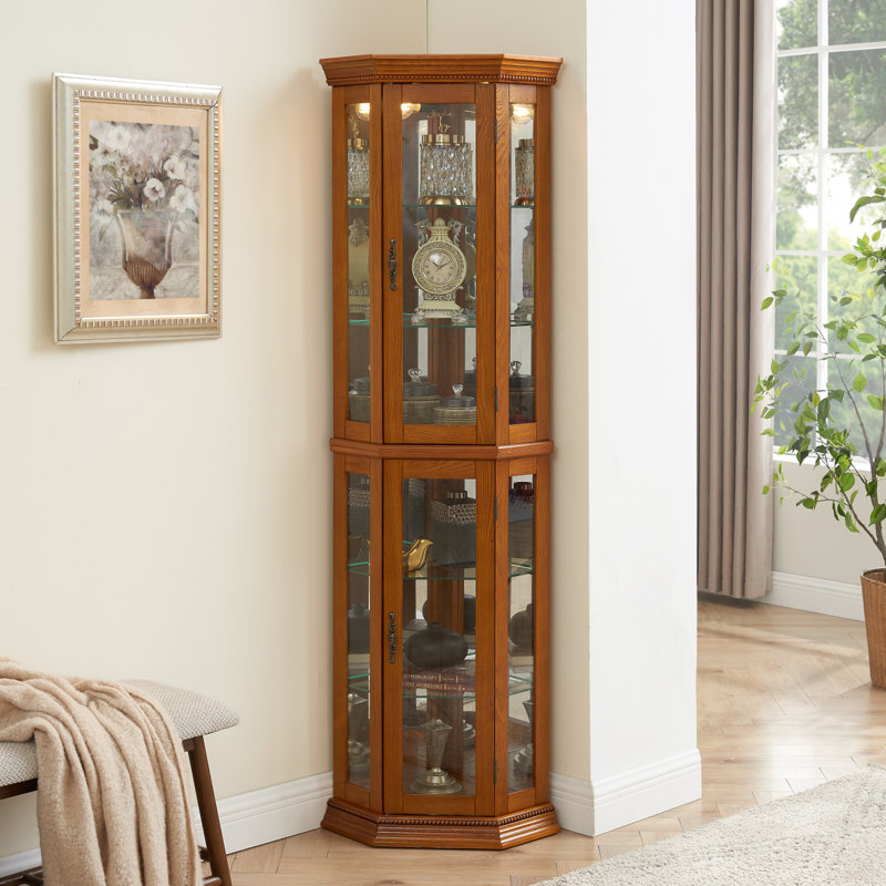 Corner Curio Cabinet Withs, Adjustable Tempered Glass Shelves, Mirrored Back, Display Cabinet (E26 Bulb Not Included), Oak