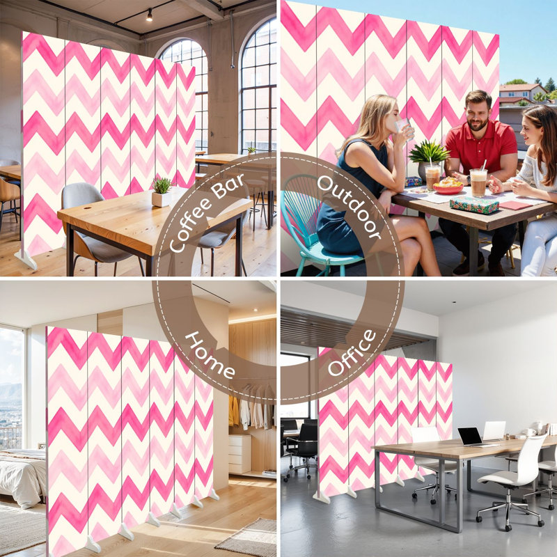 Paravent 6 panneaux à cloison pliable en toile à zigzag rose royal, 6, 71" H x 96" W x 1" D