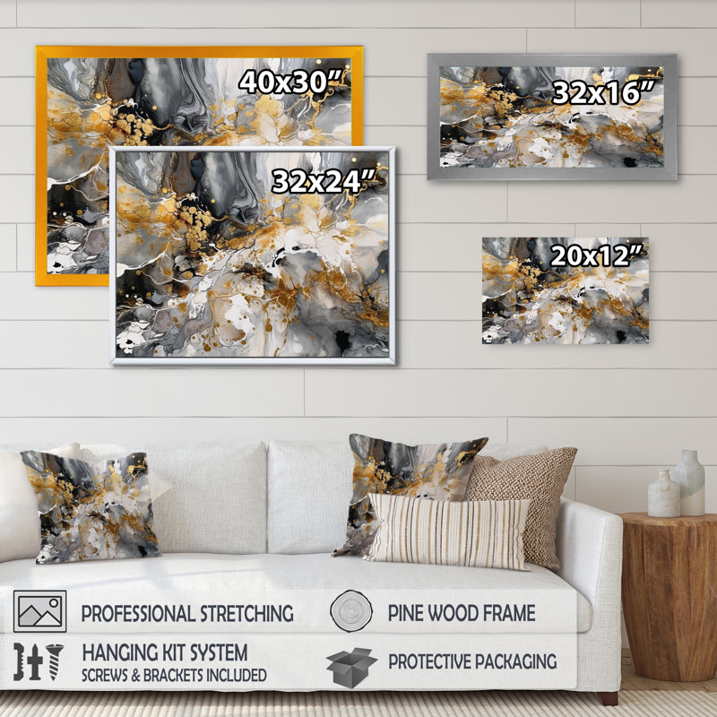 «Gray Grey Gold Delicate Abstract Brushstrokes IV», reproduction sur toile abstraite en marbre, Cadre photo noir