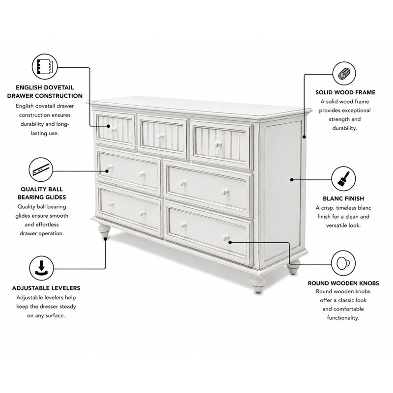 Kolya - 7 Drawer Dresser - Blanc Finish, White