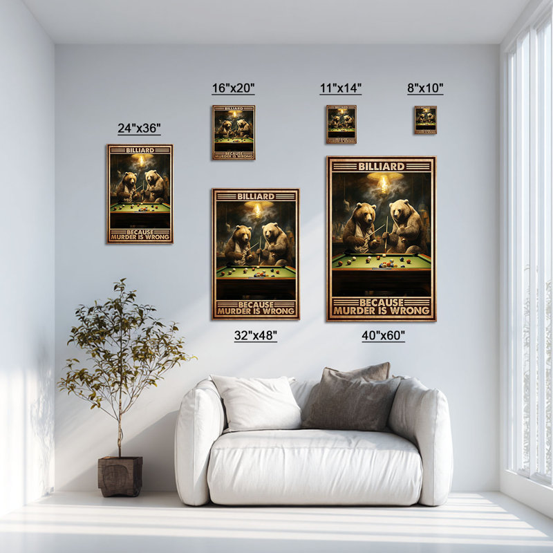 Art mural sur toile, "Billiard due Murder Is Wrong Two Pool Bears" - salon, chambre à coucher ou bureau, L 11 po x H 14 po