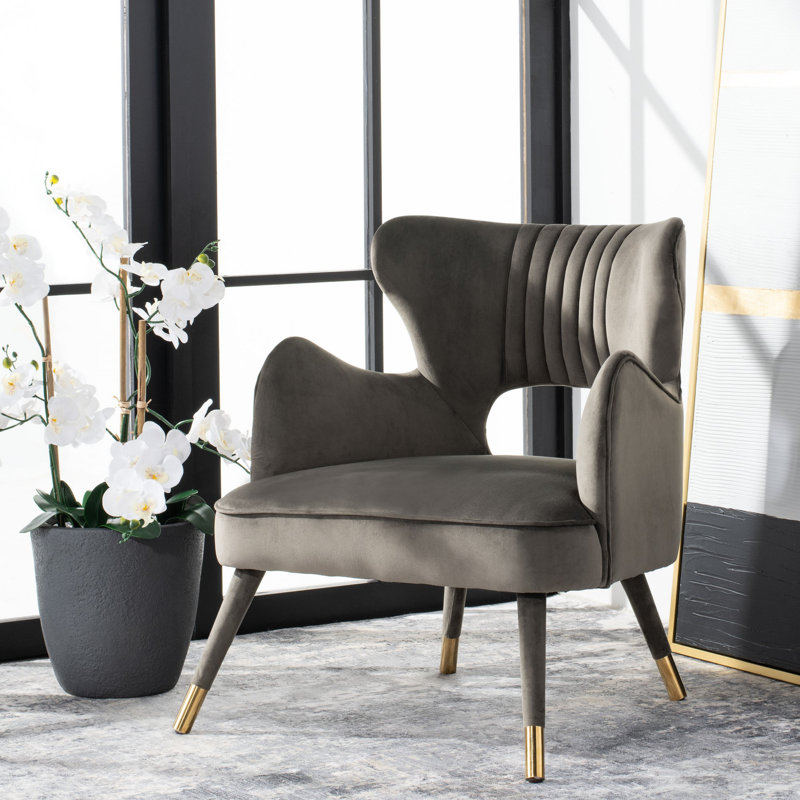 Velveteen Velvet Wingback Chair, Shale/Gold