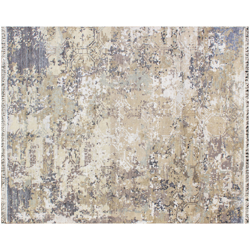 Tapis beige et argent en laine noué à la main 8 pi x 10 pi - motif abstrait moderne patiné pour le salon et la chambre à coucher