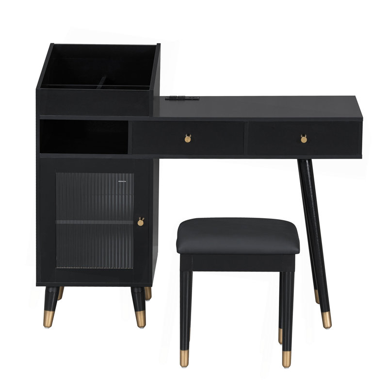 Ensemble de coiffeuse moderne avec tiroirs, armoire et port de charge, ensemble de coiffeuse avec tabouret pour petits espaces