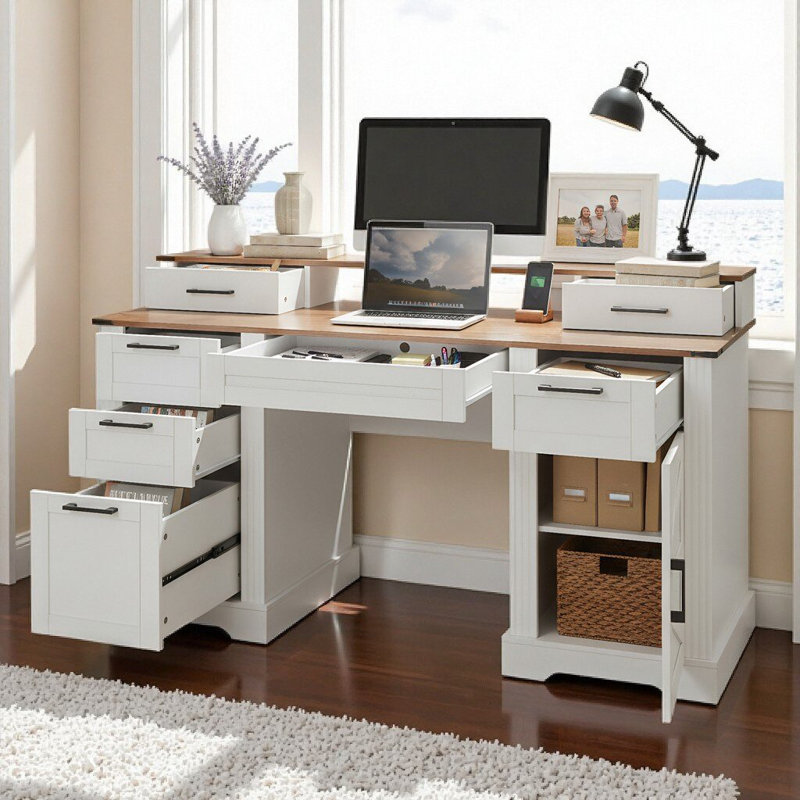 Bureau de direction de style ferme 59,5 po avec station de charge, tiroir classeur, support pour écran et plateau à clavier Syrova 59,5 po