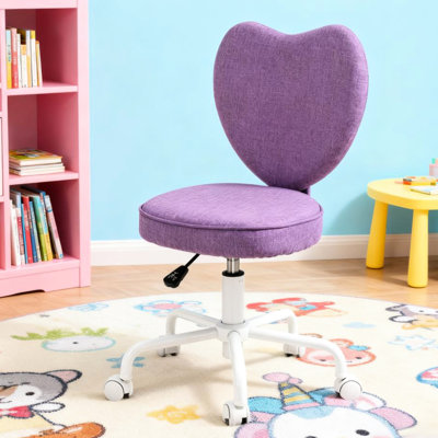 Fauteuil de bureau violet avec dossier en forme de cœur, hauteur réglable, roulettes pivotantes à 360°, lin respirant et mousse souple, idéal pour un espace de détente à domicile.