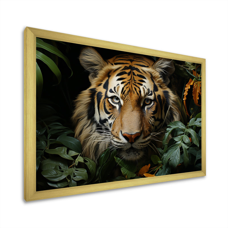 Feline Focus Tigers In Jungle 2 - Art mural jungle, Cadre doré à coins fermés, H 12 po x l 20 po x P 1 po