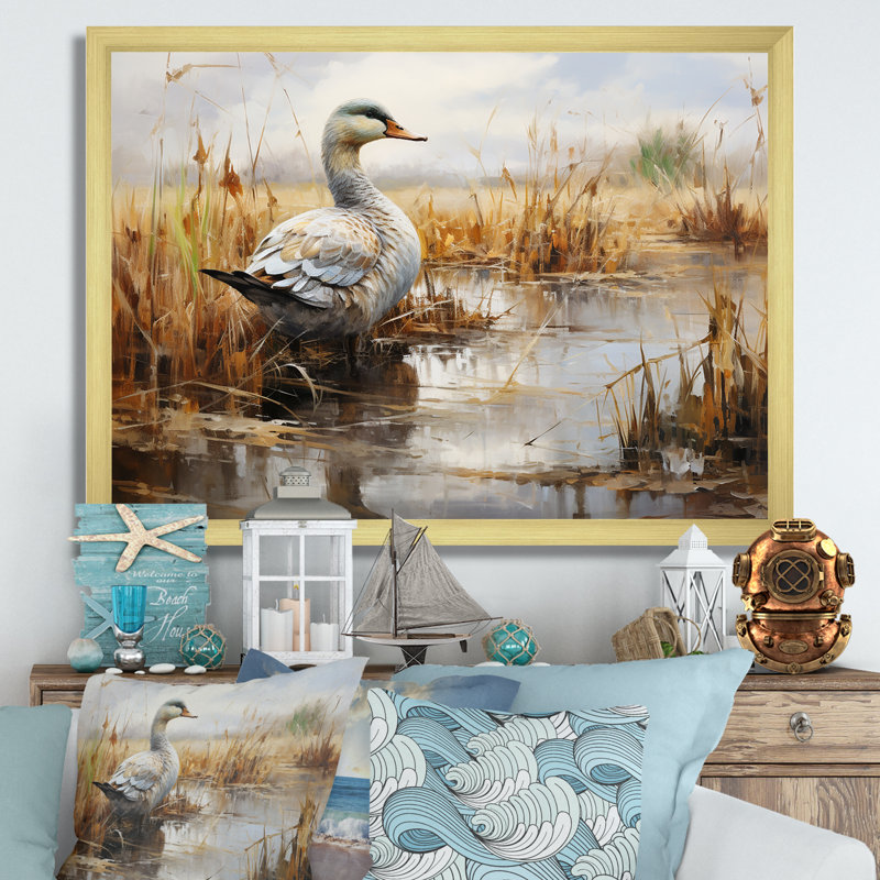 Misty Marsh Duck V - Art mural animal canard, Cadre d'angle fermé doré, H 12 po x l 20 po x P 1 po