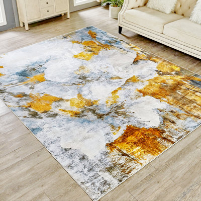 Tapis abstrait antidérapant lavable à la machine Katon en jaune / blanc / gris pour le salon, la chambre à coucher, les tapis d'intérieur de couloir