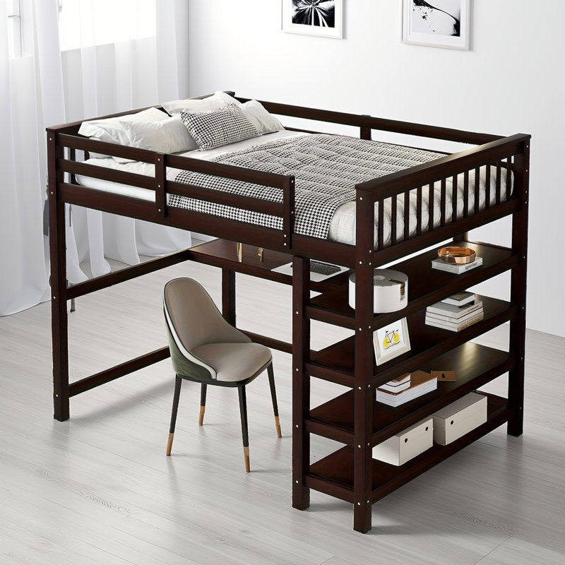 Lit mezzanine double avec bureau sous le lit, tablettes de rangement - Bois massif / MDF, peu encombrant pour chambre à coucher / dortoir, espresso