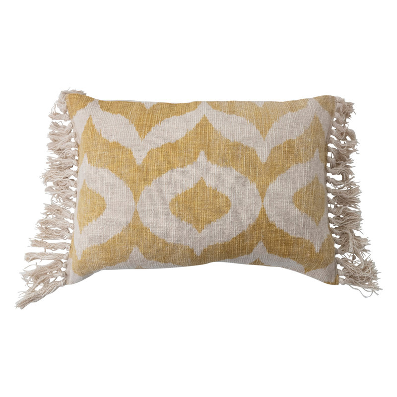 Mustard and Natural Bohemian Cotton Slub Lumbar Pillow with Ikat Tassels